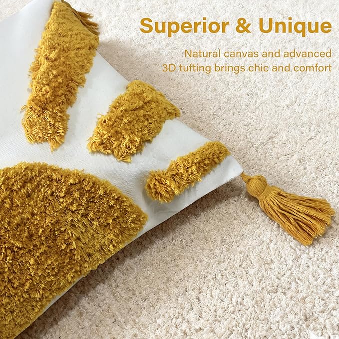Boho Throw Pillow Covers 12x20 Inch Sun Tufted Lumbar Pillow Covers with Tassels, Bohemian Farmhouse Decorative Cushion Cover for Couch Sofa Bedroom Living Room Home Decor (Yellow-Thick)