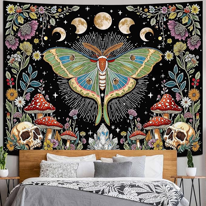 Accnicc Moth Tapestry Boho Mushroom Hippie Skull Wall Tapestry for Bedroom Aesthetic Vintage Floral Plant Moon Phase Large Tapestries Wall Hanging for Dorm Living Room Decor 80 x 60 Inch