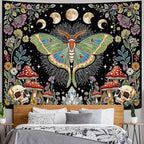 Accnicc Moth Tapestry Boho Mushroom Hippie Skull Wall Tapestry for Bedroom Aesthetic Vintage Floral Plant Moon Phase Large Tapestries Wall Hanging for Dorm Living Room Decor 80 x 60 Inch
