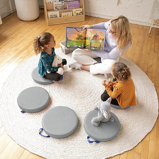 ECR4Kids SoftZone Floor Cushions, Round, Flexible Seating, Grey, 6-Piece