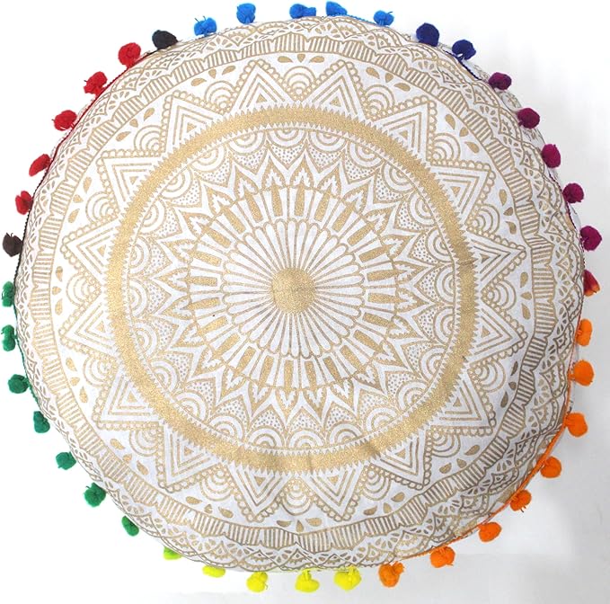 ICC Floor Pillows & Cushion covers Decorative Hippie Mandala Pouf Pillow covers Seating Meditation Cushion Cover Large Boho Ottoman Case Pillowcase Couch White Gold Matellic 16" Round