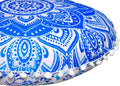 Round Mandala Floor Pillow Cover Seating Cushion Throw Cover Ottoman Pouf Cover Pom Pom Pillow Cases Hippie Decorative Bohemian Boho Indian 22 Inches (Blue White)