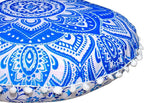 Round Mandala Floor Pillow Cover Seating Cushion Throw Cover Ottoman Pouf Cover Pom Pom Pillow Cases Hippie Decorative Bohemian Boho Indian 22 Inches (Blue White)