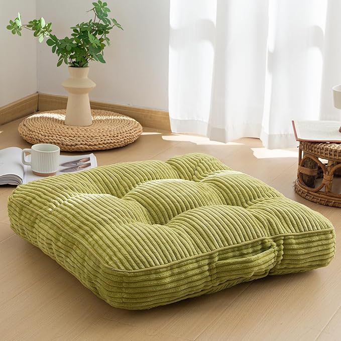 HIGOGOGO Floor Pillow Cushion for Adults, Meditation Cushion Pillow, Large Square Floor Sitting, Tufted Corduroy Cover, for Tatami Living Room or Yoga, 22x22 Inch, Green