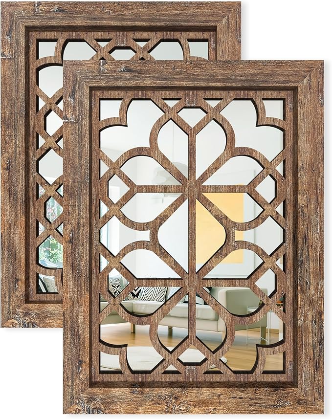 Set of 2 11x15 Inch Rectangular Shatterproof Redbrown Decorative Wall Mirrors, Boho Farmhouse Rustic Vintage Accent Mirrors for Living Room Bedroom Entryway & Home Decor