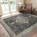 GENIMO 5x7 Area Rugs for Living Room, Machine Washable Rug, Non Slip Indoor Vintage Rug, Low Pile Lightweight Chenille Print Carpet for Bedroom Dining Room Home Office, Muted Charcoal Beige