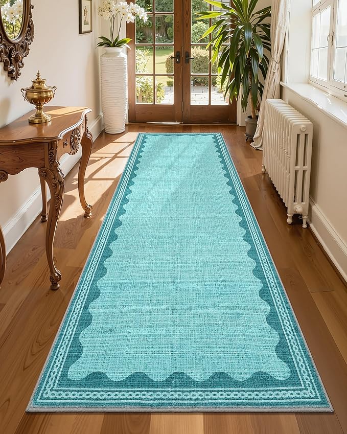 Scalloped Teal 2.5x8 Runner Rug for Hallway Washable Kitchen Rugs Non Slip Solid Modern Soft Low-Pile Indoor Carpet for Entryway Laundry Room Floor Mats TPE Backing