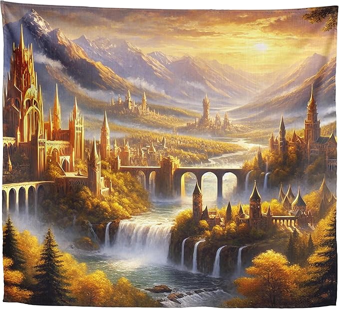 Elven Style Fantasy Tapestry for Bedroom – Golden Misty Mountain Waterfall Landscape Backdrop for Epic Adventure Fans Party, Mythical Birthday Decoration, Classroom Reading Corner Background (60x50)