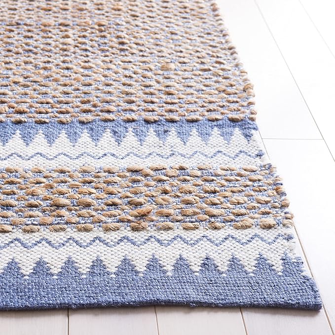 SAFAVIEH Natural Fiber Collection Area Rug - 9' x 12', Natural & Blue, Handmade Farmhouse Boho Coastal Rustic Jute, Ideal for High Traffic Areas in Living Room, Bedroom (NF874M)