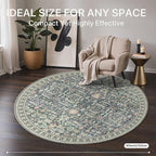Bavni Round Rug 5ft-Machine Washable Area Rugs Non-Slip for Bedroom, 5x5 Vintage Floral Rug Distressed Throw Carpet for Living Room Nursery Kitchen Bathroom, Green/Blue