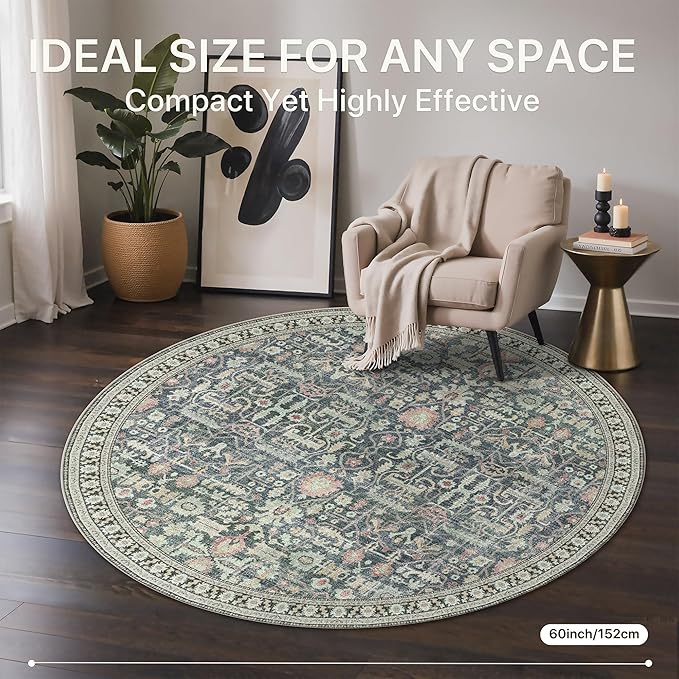 Bavni Round Rug 5ft-Machine Washable Area Rugs Non-Slip for Bedroom, 5x5 Vintage Floral Rug Distressed Throw Carpet for Living Room Nursery Kitchen Bathroom, Green/Blue