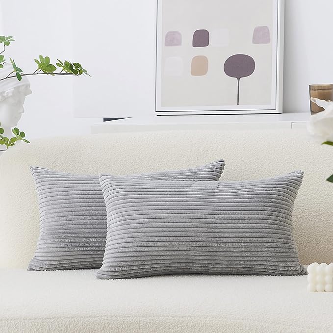 Home Brilliant 12x20 Lumbar Pillow Covers Set of 2 Plush Velvet Corduroy Striped Rectangular Throw Pillow Cover Gray Pillow Case for Kid's Room Lumbar Suppport Pillows, 12 x 20 inch, Light Grey