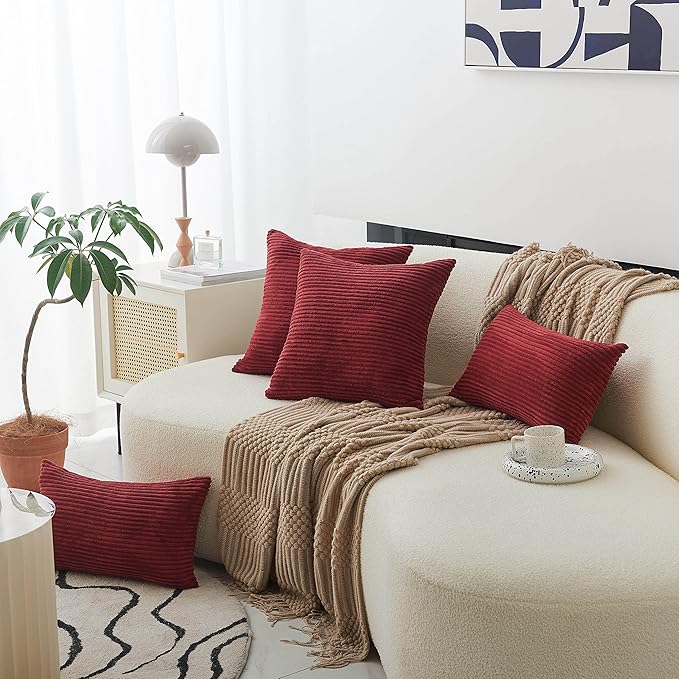 Home Brilliant Lumbar Throw Pillow Covers 12x20 inch 2 Pack Solid Striped Corduroy Dark Red Rectangle Pillow Cover for Sofa Couch Wedding Decorations, 12 x 20 inch, Burgundy