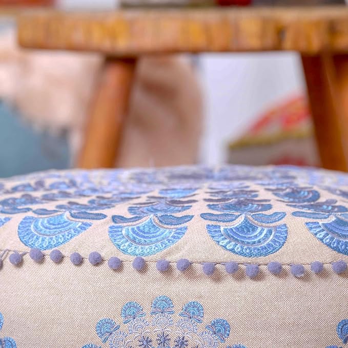 Large Round Floor Pillow Cover Blue Indian Décorative Accent Meditation Cushion Perfect for Living Room, Bedroom, Nursary or Children Room Seating Area Stool Footstool Pouf Ottoman 24x8 Unstuffed