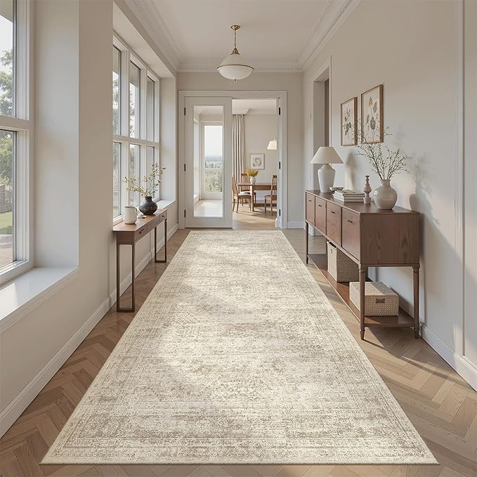 Hallway Runner Rug 4x8 Wide: Washable Thin Runners for Hallways Entry, Non Slip Soft Vintage Kitchen Area Rugs for Living Room Bedroom Dining Room Foyer (Beige, 4x8)