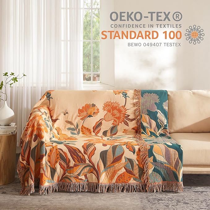 Boho Throw Blanket for Bed 80”x90”, 100% Cotton Woven Blanket for Couch Sofa, Ultra Soft 4-Layer Muslin Quilt with Floral Printed, Farmhouse Bed Blanket/Cover for Living Room Decor