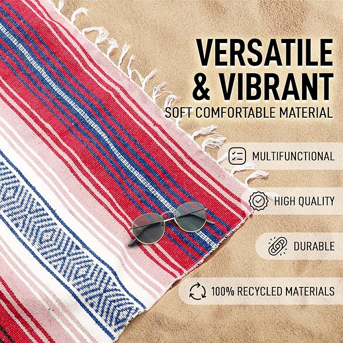 Hydration Nation Authentic Mexican Serape Blanket - Soft & Durable - Lightweight Falsa - Coral, 70"x50"
