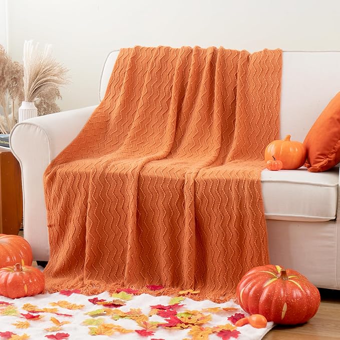 BATTILO HOME Burnt Orange Throw Blanket for Couch, Decorative Fall Throw Blanket with Tassels Halloween Throw Fall Decor, 50"x60"