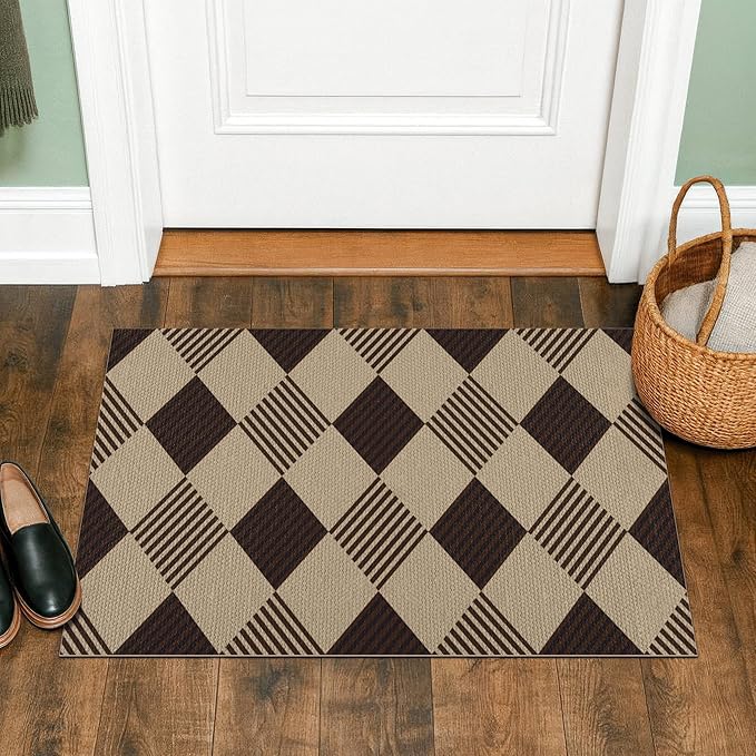 2x3 Diamond Front Door Rug Indoor Entrance - Easy Jute Door Rugs for Entryway, Doorway, Kitchen, Mudroom, Non Slip with Rubber Backing Fall Beige Black Décor