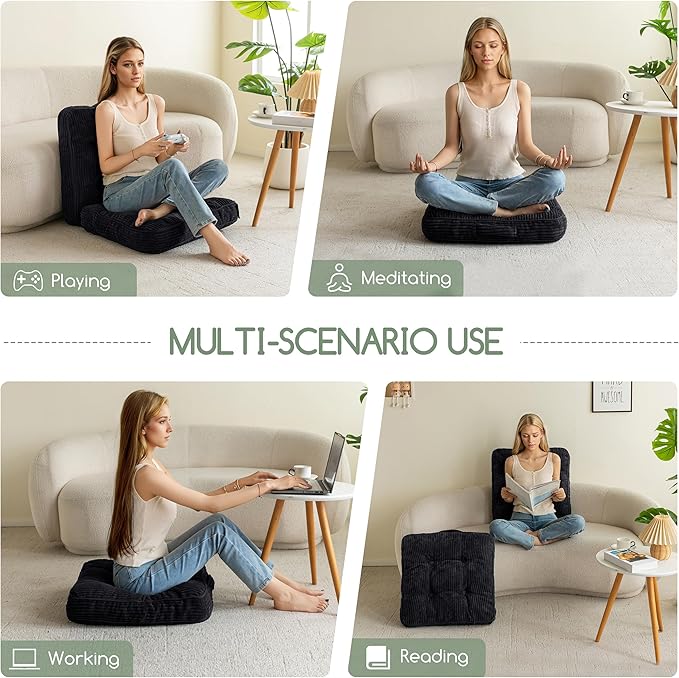 HIGOGOGO Floor Pillow Cushion for Adults, Meditation Cushion Pillow, Large Square Floor Sitting, Tufted Corduroy Cover, for Tatami Living Room or Yoga, 22x22 Inch, 2Pack, Black