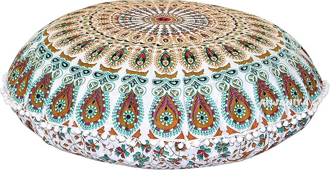 32" Peacock Mandala Bohemian Yoga Meditation Floor Pillow Cover Comfortable Home Car Bed Sofa Cushion Couch Seating Large Zipped Throw (32 inches, White Multi)