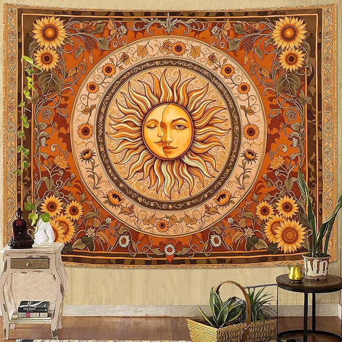 Accnicc Vintage Sun and Moon Tapestry Boho Yellow Orange Indie Wall Tapestry for Bedroom Aesthetic Sunflower Large Hippie Fall Tapestries Wall Hanging for Living Room Dorm 80 x 60 Inch