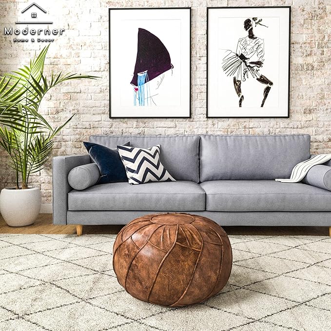 Moderner Faux Leather Pouf Unstuffed Ottoman Moroccan Footstool, Floor Footrest Cushion, Storage Solution - Natural Brown Color (Mocha, Round)