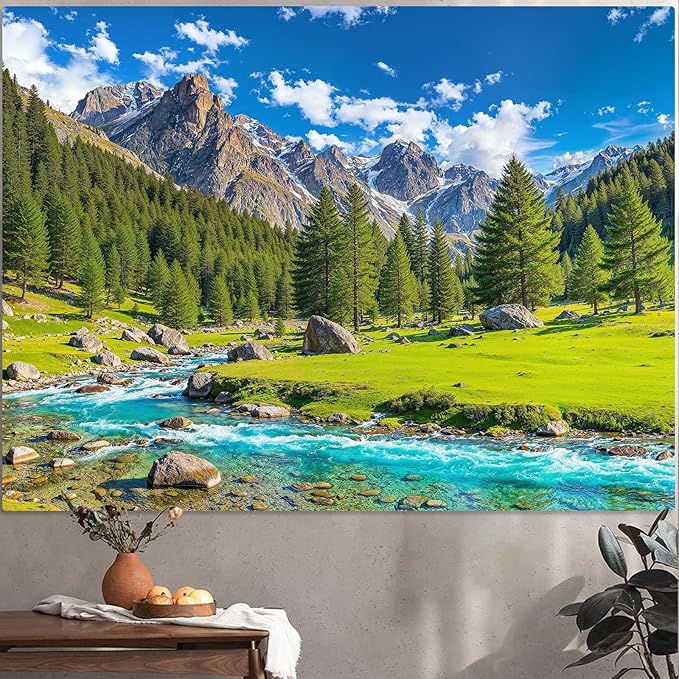 Accnicc Nature Forest Mountain Tapestry Green Pine Tree Wall Tapestry for Bedroom Aesthetic River Landscape Small Tapestries Wall Hanging for Dorm Living Room Decor 60 x 44 Inch