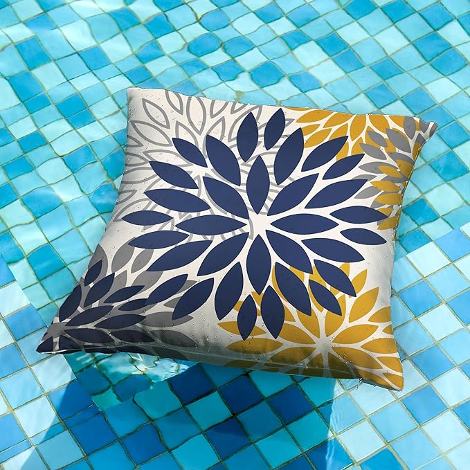 DFXSZ Blue Yellow Flower Pillow Covers 20x20 Inch Set of 2 Outdoor Throw Pillows Outdoor Waterproof Decor for Living Room Sofa Patio Funiture Garden Floral Polyester Pillow Covers 002Z20
