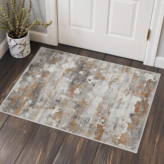 GENIMO 2x3 Rugs for Entryway Entrance, Modern Machine Washable Rug Ultra Soft Indoor Area Rugs 2x3 for Bedroom Kitchen Bathroom, Lightweight Low Pile Carpet with Non Slip Backing, Grey Brown Beige