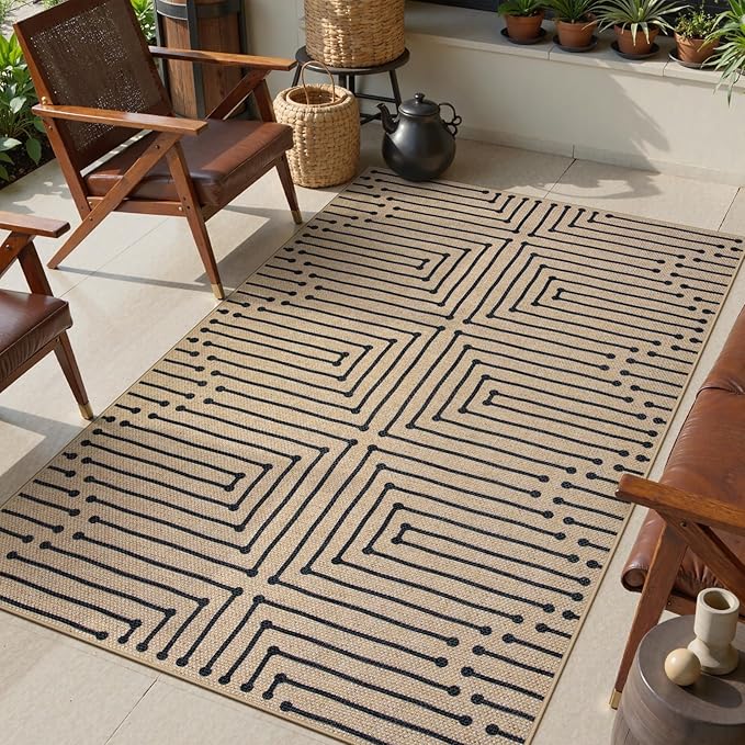 Lahome Boho 3x5 Washable Rugs for Entry, Easy Jute Indoor Outdoor Porch Rugs, Maze Lines Modern Throw Rug Non Slip Stain Resistant Door Mat for Bedroom Living Room Deck