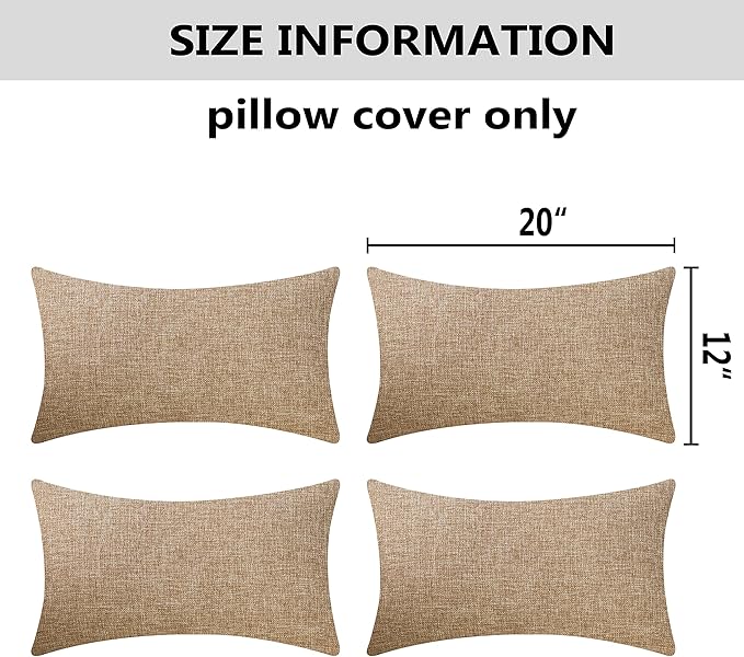 Home Brilliant Burlap Linen Pillow Covers Lumbar Oblong Cushion Cover Decorative 12x20 Throw Pillow Cover for Sofa, 30cm x 50cm, Set of 4, Natural Linen