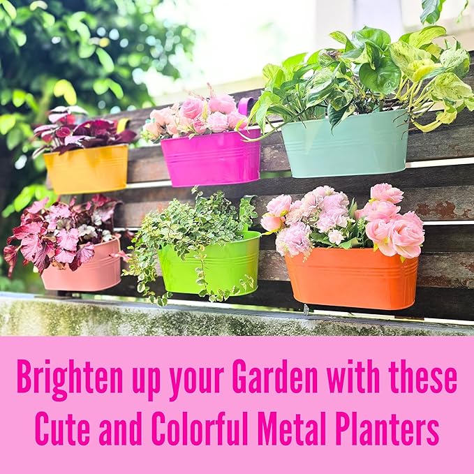 LaLaGreen Outdoor Hanging Planter (11.2 Inch, 6 Pack) Light Blue, Green, Neon Pink, Yellow, Orange, Peachy Pink Metal Iron Window Box Flower Pot Deck Railings Fence Rail Bucket Porch Home Garden Decor