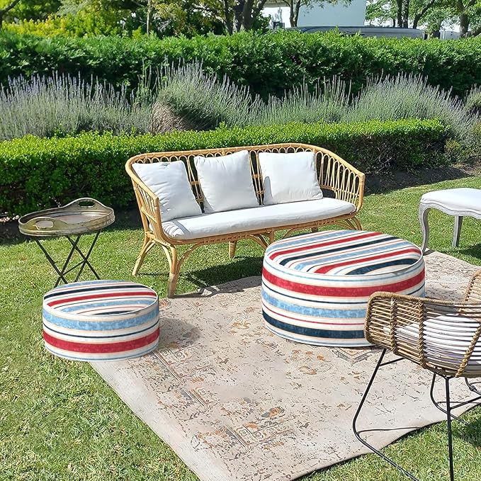 LVTXIII Outdoor Inflatable Ottoman, Fade-Resistant Round Footrest Stool D31”x H14”, Portable Patio Pouf for Garden Camping or Home Use, Stripe Red Blue