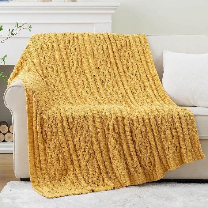Battilo Mustard Yellow Throw Blanket 51"x67" Chenille Knitted Throw Blanket for Couch, Gold Throw Blankets for Home Decor, Summer Fall Decor Blanket