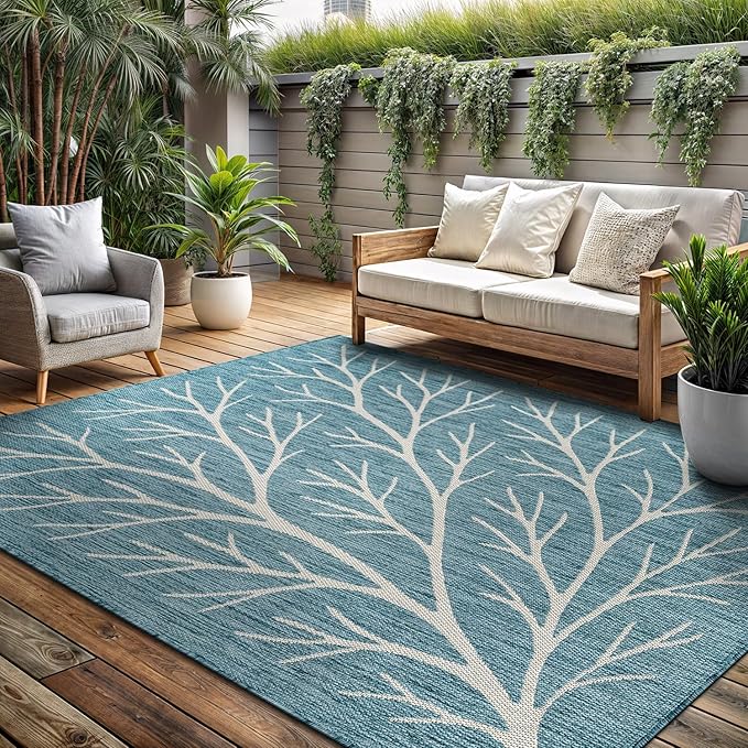 Washable Indoor Outdoor Rug 10x14 Modern Area Rugs Branch Pattern Non Shedding Waterproof Easy Clean Patio Deck Porch Living Room Bedroom Garden RV (10 X 14 Aqua)