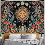 Accnicc Boho Sun and Moon Tapestry Hippie Mushroom Floral Wall Tapestry for Bedroom Aesthetic Vintage Plant Celestial Spiritual Large Tapestries Wall Hanging for Dorm Living Room Decor 80 x 60 Inch