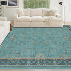 Boho Teal 6x9 Area Rugs for Living Room, Geometric Floral Design Rug for Bedroom, Dining Room - Vintage Turquoise Décor Indoor, Low Pile & Soft Stain Resistant Carpet