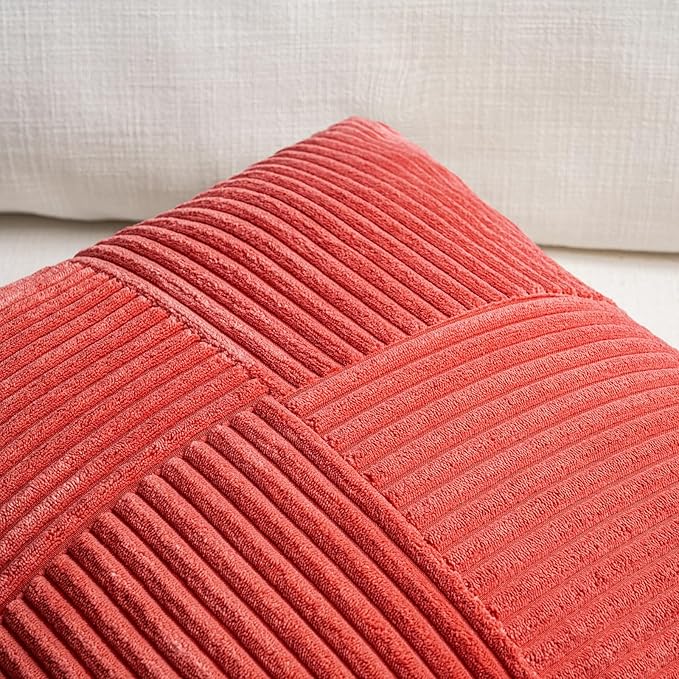 Fancy Homi 2 Packs Red Decorative Throw Pillow Covers 18x18 Inch for Living Room Couch Bed Sofa, Rustic Boho Farmhouse Home Decor, Soft Corss Corduroy Patchwork Textured Square Cushion Case 45x45 cm