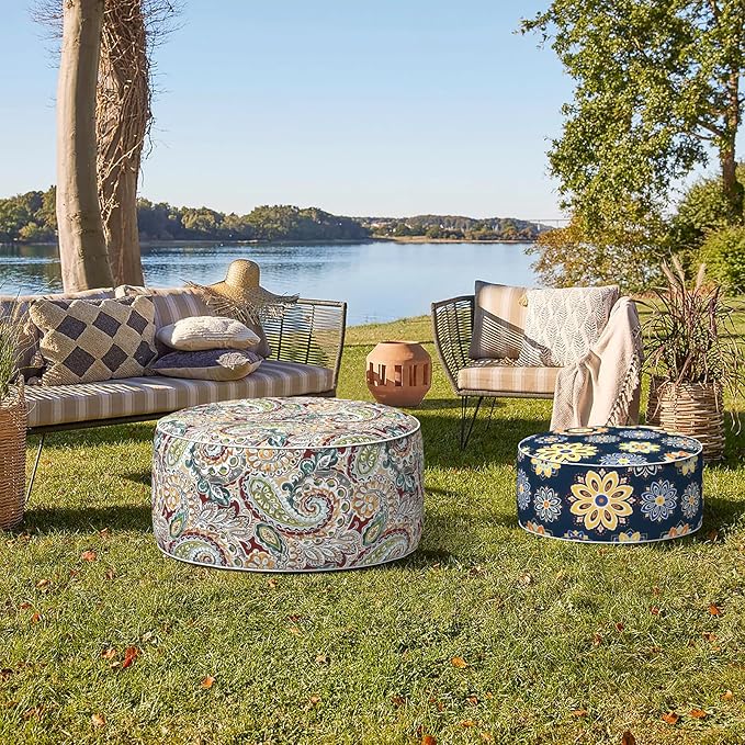 Indoor/Outdoor Inflatable Ottoman with Handle, Decorative Fade-Resistant Round Footstool D21 x H9 inch, Portable Ottoman Pouf for Patio Garden Camping, Bloom Medallion Cobalt
