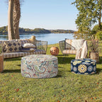 Indoor/Outdoor Inflatable Ottoman with Handle, Decorative Fade-Resistant Round Footstool D21 x H9 inch, Portable Ottoman Pouf for Patio Garden Camping, Bloom Medallion Cobalt