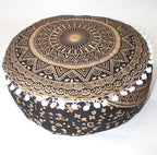 INDIAN CRAFT CASTLE ICC Mandala Barmeri Large Floor Pillow Cover Cushion Meditation Seating Ottoman Throw Cover Hippie Decorative Zipped Bohemian Pouf Ottoman Cases Black Gold, 18" Round