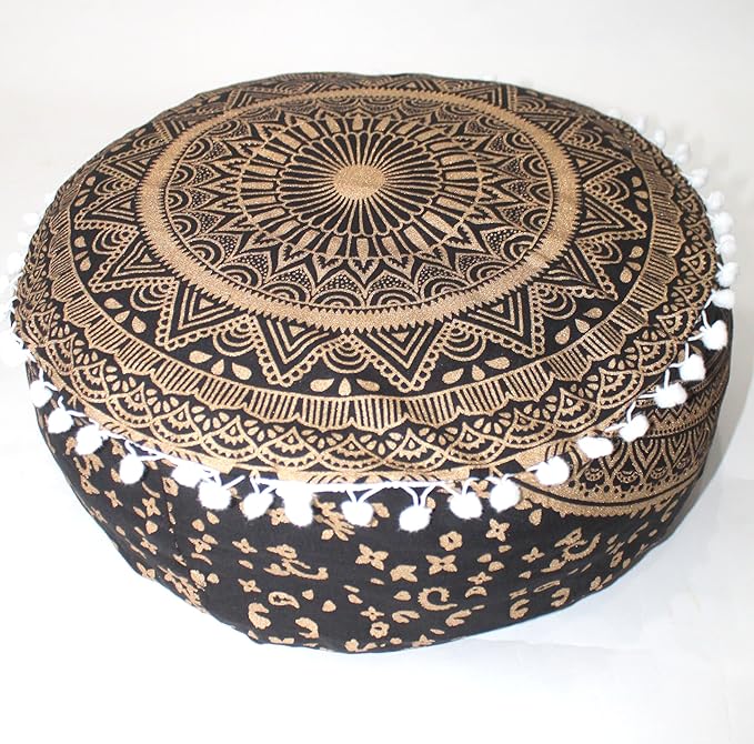 CRAFT KALA 24" Round Large Hippie Mandala Meditation Floor Ottoman Pillow Cushion Pouf Cover Square Poufs Bohemian Circle Floor Cushion Case Outdoor Fireplace Yoga Living Room Decor Cover Black Gold