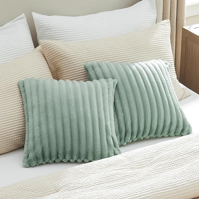 Bedsure Double-Side Striped Throw Pillow Covers 18x18 Set of 2, Spring Fluffy Sage Green Soft Decorative Pillow Covers, Home Decor for Couch Sofa Living Room Bedroom