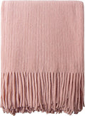 NTBAY Acrylic Knitted Throw Blanket, Lightweight and Soft Cozy Decorative Woven Blanket with Tassels for Travel, Couch, Bed, Sofa, 51x67 Inches, Light Pink Striped