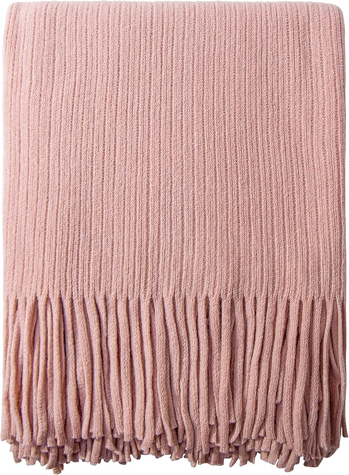 NTBAY Acrylic Knitted Throw Blanket, Lightweight and Soft Cozy Decorative Woven Blanket with Tassels for Travel, Couch, Bed, Sofa, 51x67 Inches, Light Pink Striped
