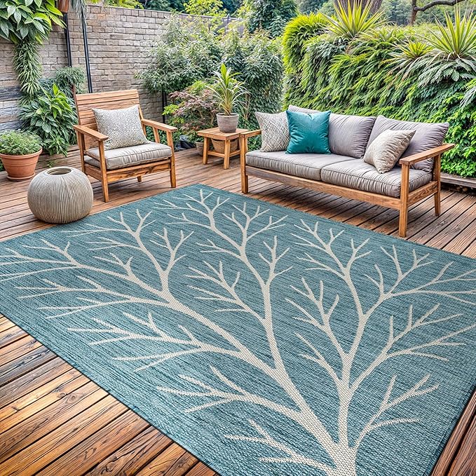 Washable Indoor Outdoor Rug 5x7 Modern Area Rugs Branch Pattern Non Shedding Waterproof Easy Clean Patio Deck Porch Living Room Bedroom Garden RV (5 X 7 Aqua)