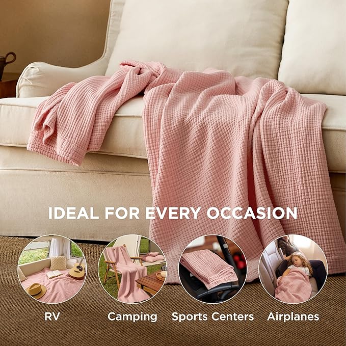 Bedsure 100% Cotton Muslin Blankets for Adults Large Throw 50x70 Inches - 4-Layer Breathable and Lightweight, Soft Boho Gauze Muslin Cotton Blanket for Couch Decor Travel Summer, Pink