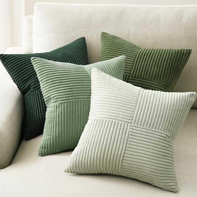 Topfinel SageGreen Pillow Covers,Boho Farmhouse 24x24 Inch Cushion Covers Set of 4,Large Soft Corduroy Home Decor for Couch Bed Sofa Living Room LightGreen,MossGreen