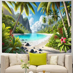 AOHMPT Ocean Sunset Tapestry, Beach Evening Sunset Tapestry, Natural Beach Palm Tree Landscape Poster, Seaside Landscape Wall Hanging for Bedroom, Dorm Room and Living Room Wall Decor 79" L x 59" W